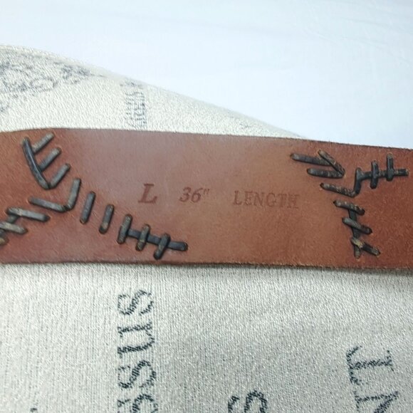 Vintage Lucky Brand Belt Large 36" Tan Leather Patch Stitch - Picture 9 of 11
